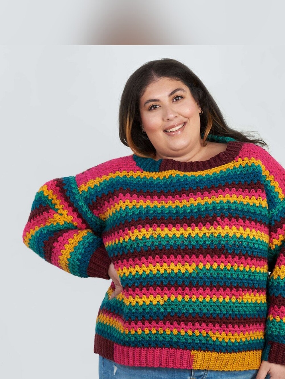 Plus Size Multicolor Stripe Crewneck Sweater - Relaxed Fit
